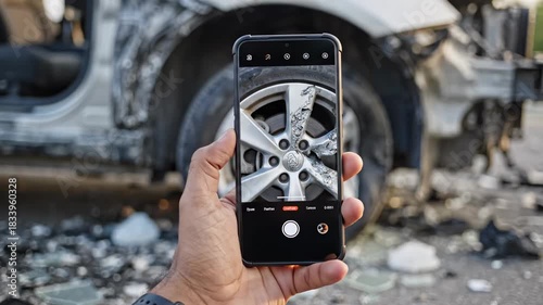 Male hand holding a smartphone and taking a picture of a broken wheel after a car accident for insurance documentation. The vehicle is completely destroyed with shattered glass on the ground