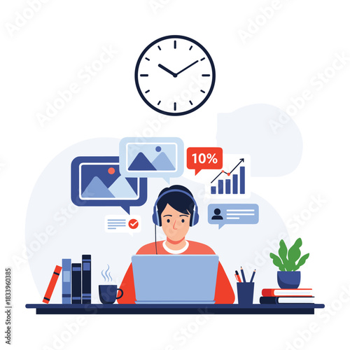 Man wearing headphones multitasking and working online from his desk with business icons a clock and a cup of coffee.