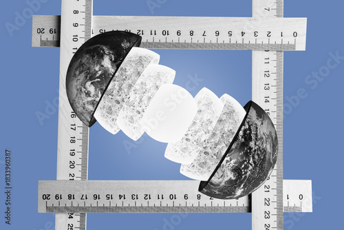 Collage with a divided Earth and and wooden rulers