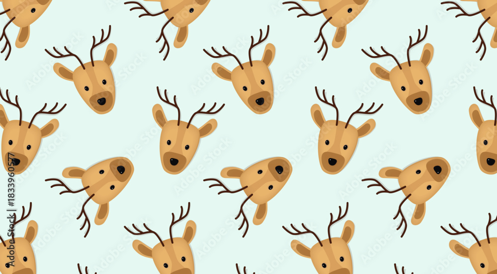 Obraz premium Flat vector seamless pattern featuring adorable tan deer heads with antlers on light cyan background. Charming holiday motif perfect for wrapping paper, textiles, wallpapers, invitations, kids apparel