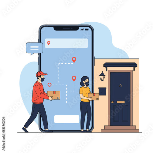 Contactless delivery service during the pandemic with a courier and customer wearing masks and tracking on a smartphone.