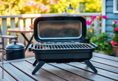 Compact portable BBQ grill sits on a wooden terrace table, summer scene, flame, outdoor