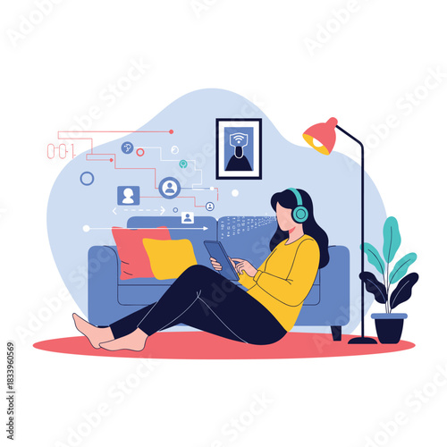 Woman wearing headphones relaxing at home while using a tablet for social media listening to music or online learning.