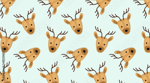 Flat vector seamless pattern featuring adorable tan deer heads with antlers on light cyan background. Charming holiday motif perfect for wrapping paper, textiles, wallpapers, invitations, kids apparel