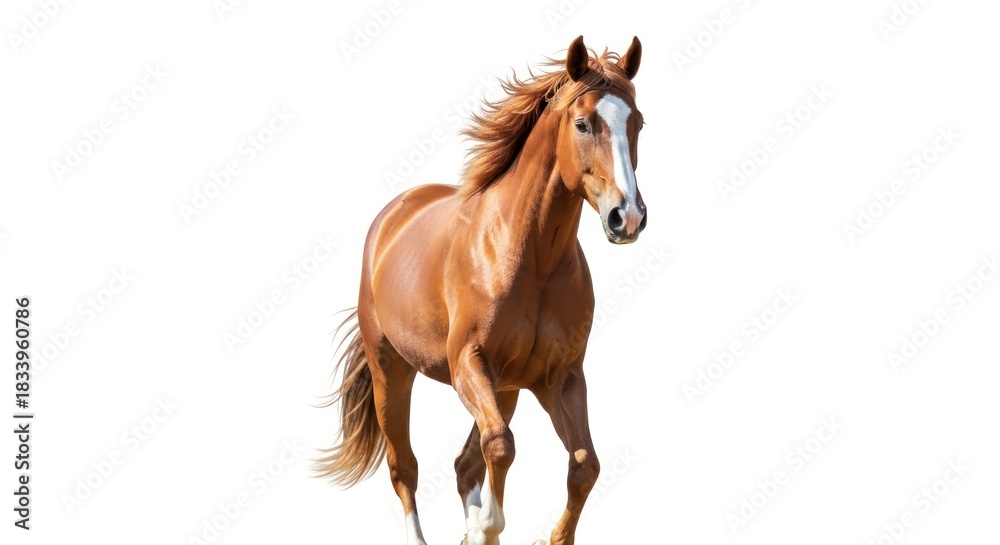 Fototapeta premium A majestic brown horse with a white blaze and flowing mane trots on a white background