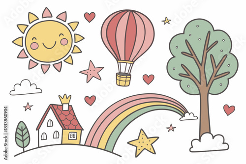 Rainbow house with sun and hot air balloon