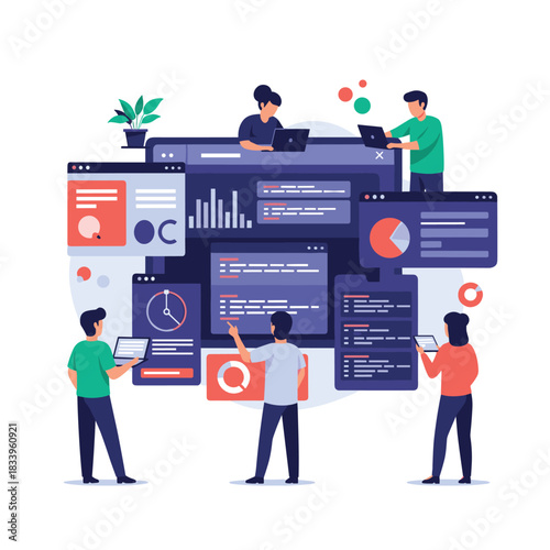 Team of developers and designers working together on a software project using an agile dashboard for project management.