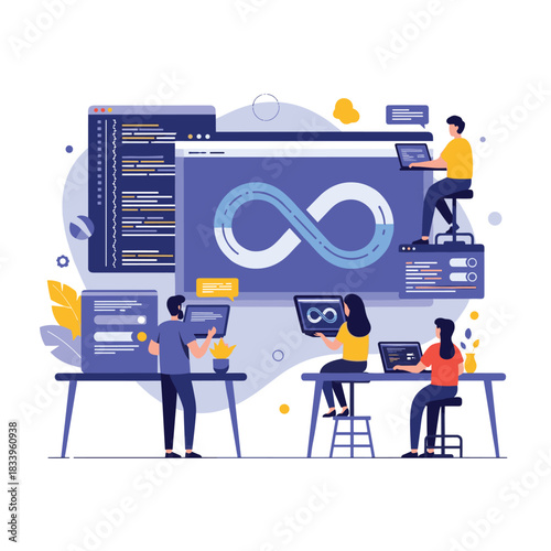 DevOps team working on laptops to automate the software development lifecycle with an infinity symbol representing CI-CD.