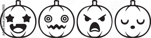 A simple black and white illustration of four pumpkins, each with a unique, cartoonish face expressing different emotions for Halloween.