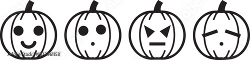 A simple black and white illustration of four stylized pumpkins, each displaying a unique carved face ranging from happy to angry.