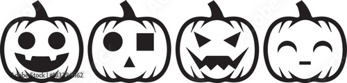 A black and white illustration of four pumpkins carved with various spooky and friendly Halloween faces.