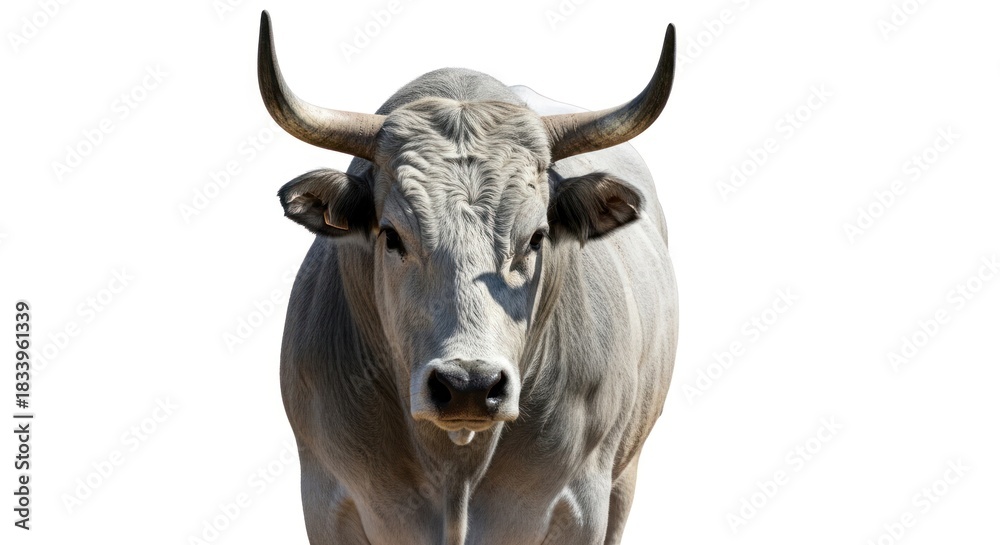 Fototapeta premium A white bull with prominent horns stares directly forward, isolated on a white background