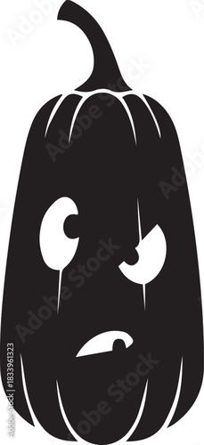 A black silhouette of a Halloween pumpkin with a carved grumpy face, featuring large, expressive eyes and a downturned mouth.