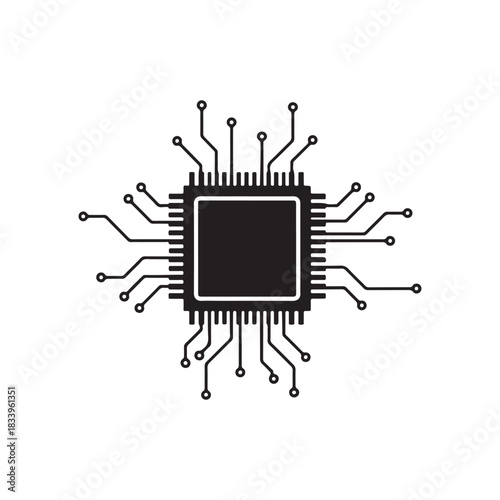 Central processor chip with electronic circuit lines representing digital technology, data processing, computer hardware and modern microchip systems