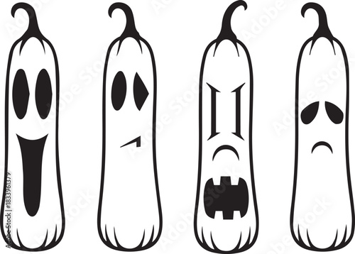 Four elongated, white gourds are depicted with various carved Halloween faces, ranging from happy to angry and sad.