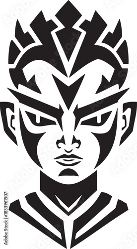 A stylized black and white tribal warrior face with bold lines and sharp geometric patterns. The design features intense eyes and a regal headdress.