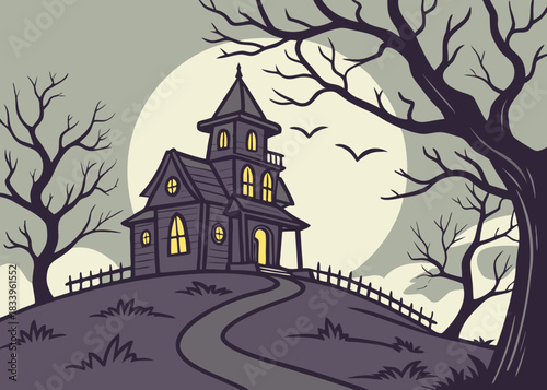 Haunted house on a hill under the moon