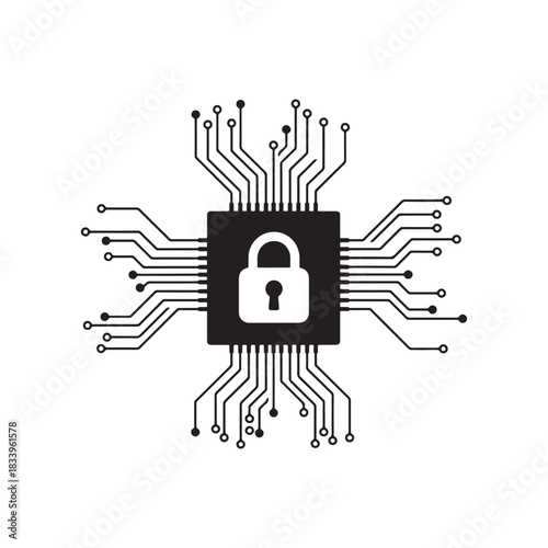 Cybersecurity protection microchip with lock symbol and extended circuit lines representing encrypted hardware and secure digital technology