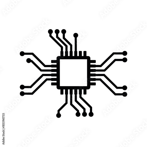 Electronic microchip with extended circuit connections representing modern processor technology and digital data network hardware design