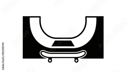 Illustration of a skateboard in front of a skatepark bowl with a pyramid obstacle.