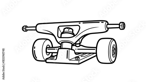 A detailed black and white line drawing of a skateboard truck with two wheels attached.