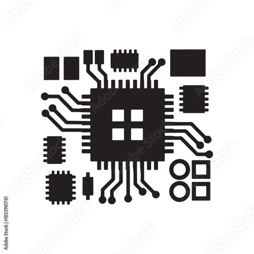 Electronic microchip with connected circuit components arranged in a detailed layout representing modern digital hardware and advanced technology