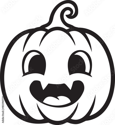 A cheerful, stylized jack o lantern face with a wide smile, sharp teeth, and big eyes, outlined in black on a white background.