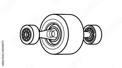 Technical line art drawing of a skateboard wheel assembly with bearings and axle components.