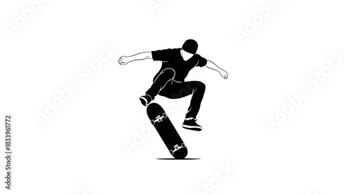Silhouette of a skateboarder performing an ollie trick in mid-air, showcasing athleticism.