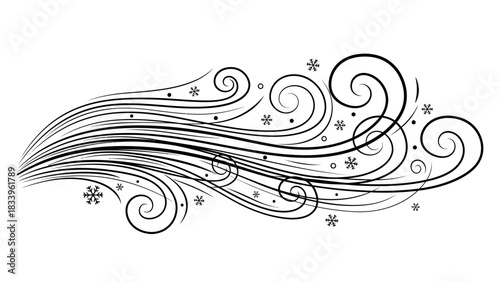A stylized illustration of swirling wind patterns with snowflakes, suggesting a wintery or blustery atmosphere.