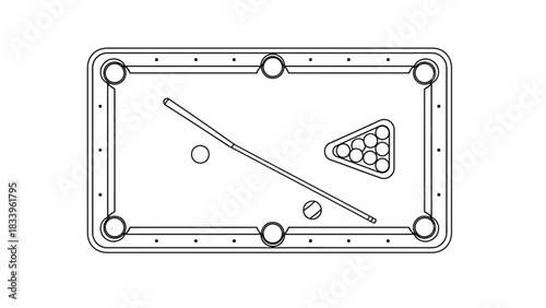 Pool Table Diagram: A top-down view of a classic pool table, complete with balls, cue stick, and rack, meticulously outlined for clarity and precision.