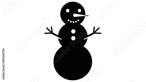 A simple black and white illustration of a snowman with a carrot nose and stick arms.