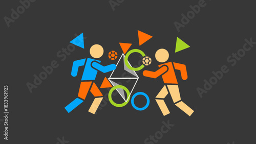 Two stylized figures playing with geometric shapes and balls, representing a game or competition.