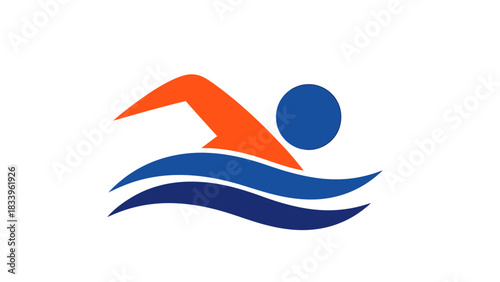 A stylized logo featuring a swimmer in motion, with orange arm and blue body, above blue water waves.