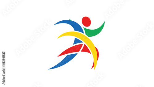 Colorful abstract figure of a person running or dancing on a white background.