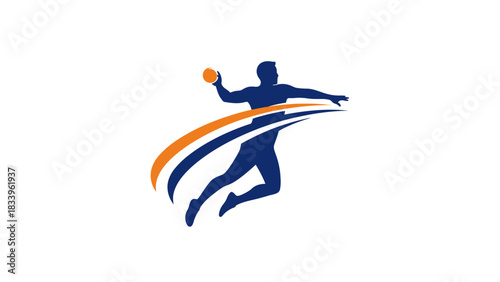 Silhouette of a handball player in mid-air, throwing a ball, with dynamic swooshes.