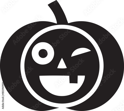 A black and white silhouette of a Halloween pumpkin with a winking eye and a missing tooth, conveying a playful and mischievous mood.
