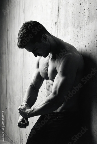 Wallpaper Mural Muscular Man Against Concrete Wall, Black and White Torontodigital.ca