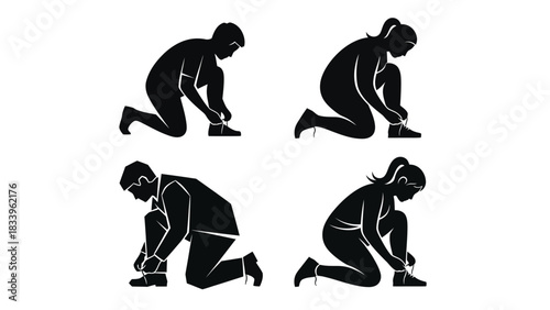 Silhouettes of men and women tying shoelaces, preparing for a run, workout, or daily activity