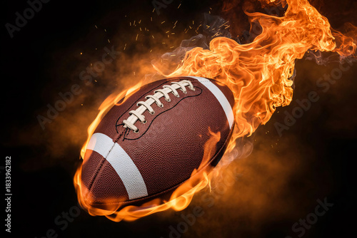 Flaming american football captured in fast motion against a dark background