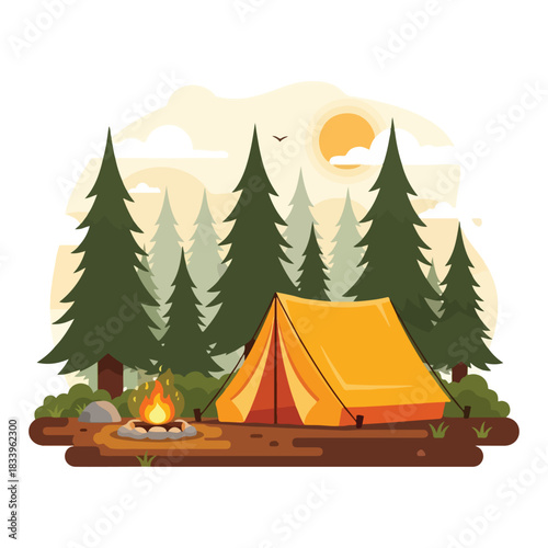 Flat-Style Camping Scene with Tent and Campfire