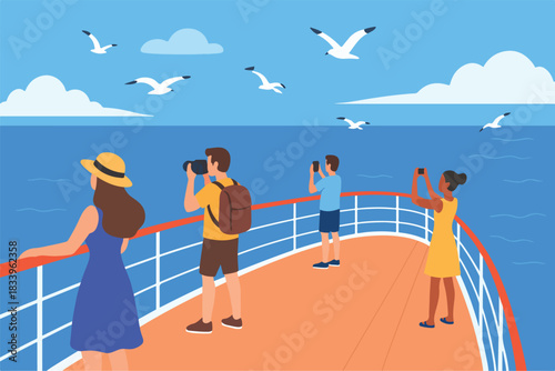 People Enjoying Seaside Views on a Cruise Ship Deck