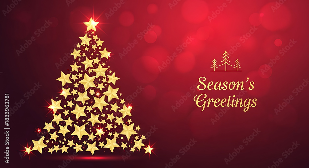 Naklejka premium Season's Greetings Gold Star Christmas Tree on Red Background