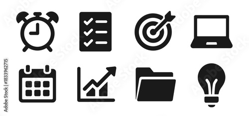 Business icon collection in black. Includes alarm clock, checklist, target, laptop, calendar, growth chart, folder and light bulb