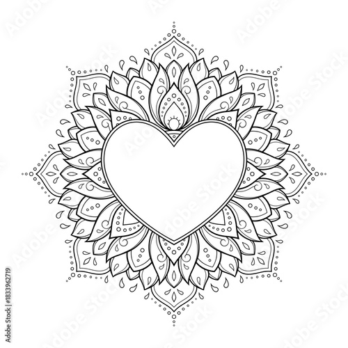 Frame in eastern tradition. Stylized with henna tattoos decorative pattern for decorating covers for book, notebook, casket, magazine, postcard and folder. Flower Heart in mehndi style.