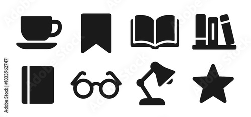 Reading and study icon collection in black featuring cup, bookmark, open book, bookshelf, closed book, glasses, desk lamp, and star