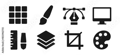 Design tools icon collection in black. Set includes grid, paintbrush, pen tool, monitor, ruler, cutter, layers, and crop tool