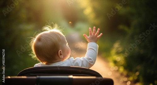 Baby, seen from behind, reaches up towards golden sunlight filtering through lush trees