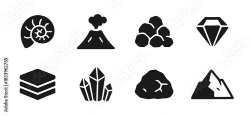 Geology icon collection in black featuring fossil shell, volcano, rocks, gem, soil layers, crystals, mineral stone, and mountain