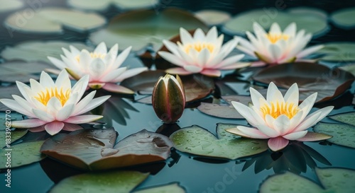 Beautiful white and pink water lilies and a bud float on dark water with green pads